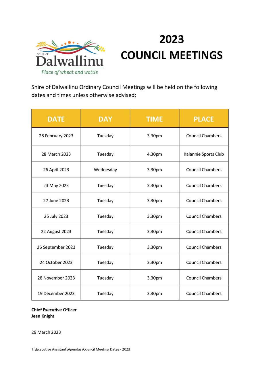 Council Meeting Dates 2023